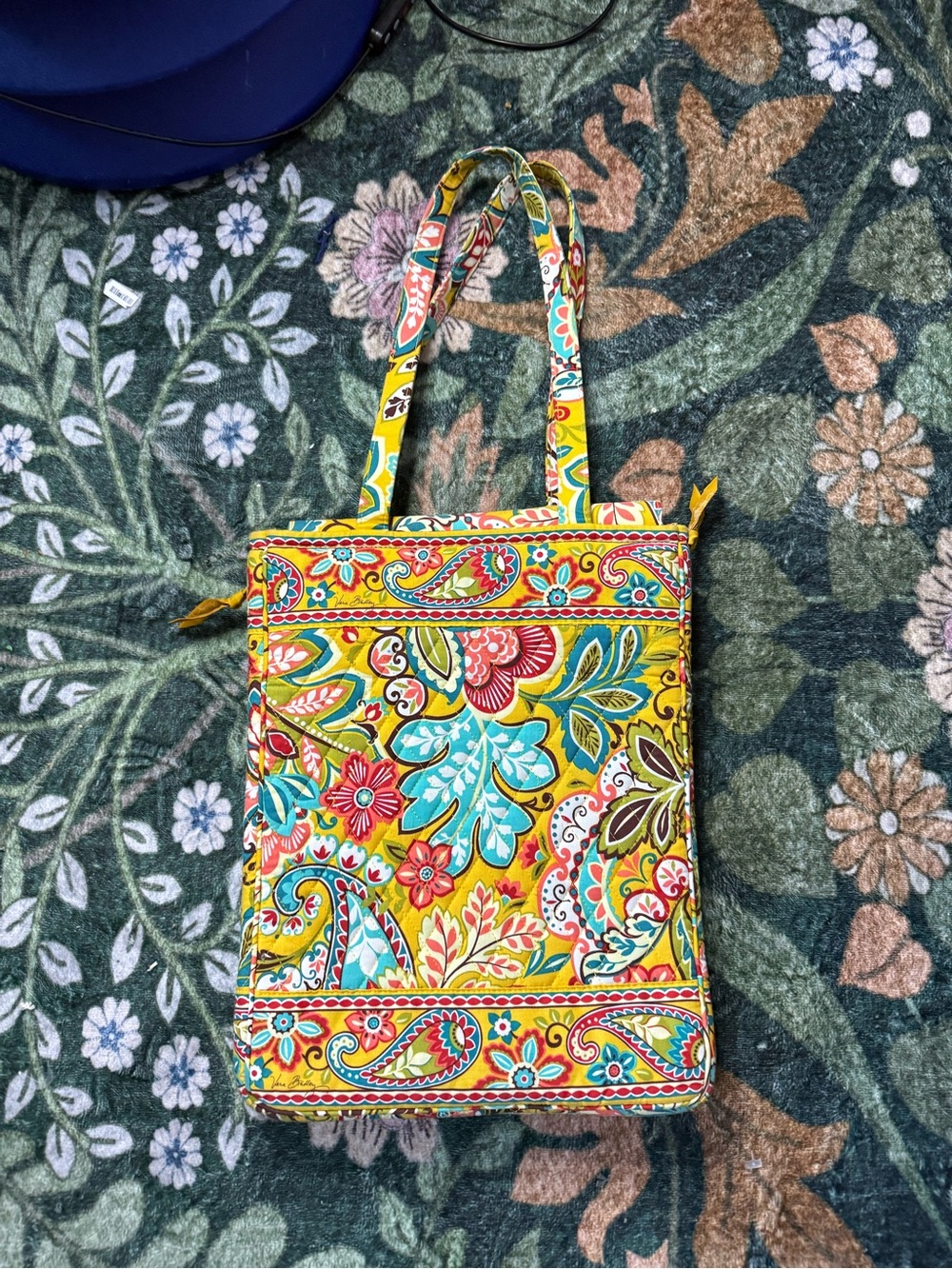 Vera Bradley yellow tote bag quilted purse province pattern 3 pockets